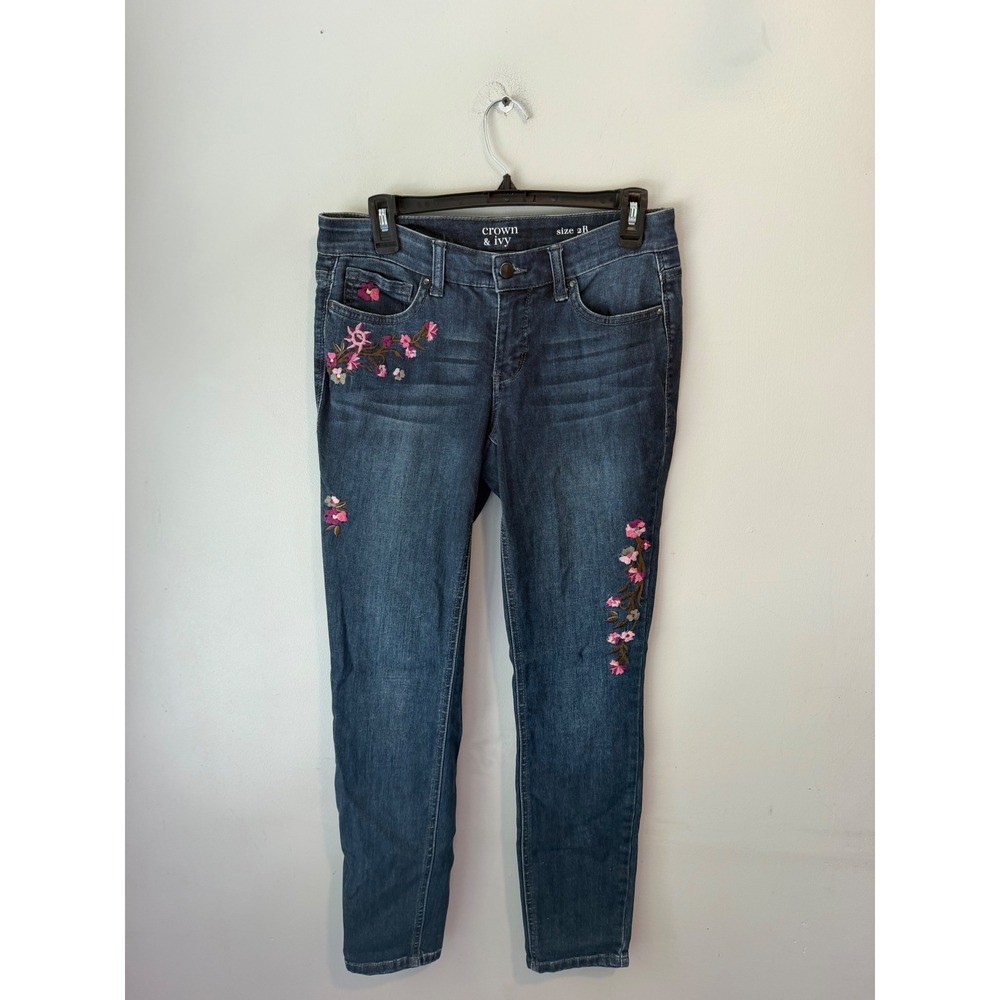 Crown & Ivy Womens Skinny Jeans Dark Wash Floral Embroidered Size 2R Blue Denim